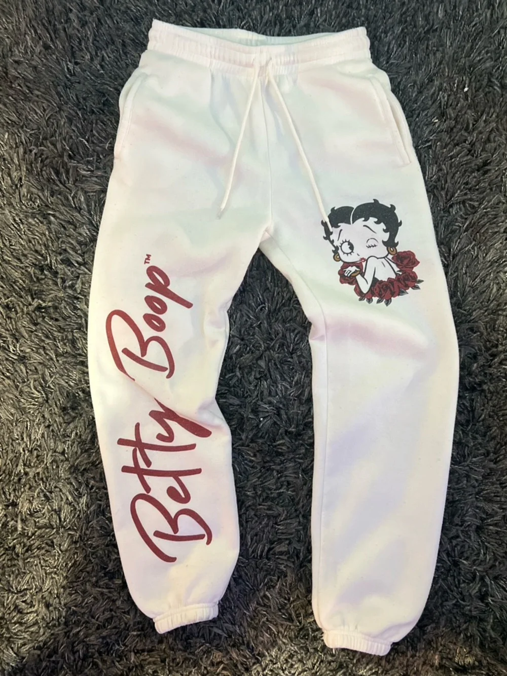 Betty Boop White Sweatpants with Maroon Logo and Character